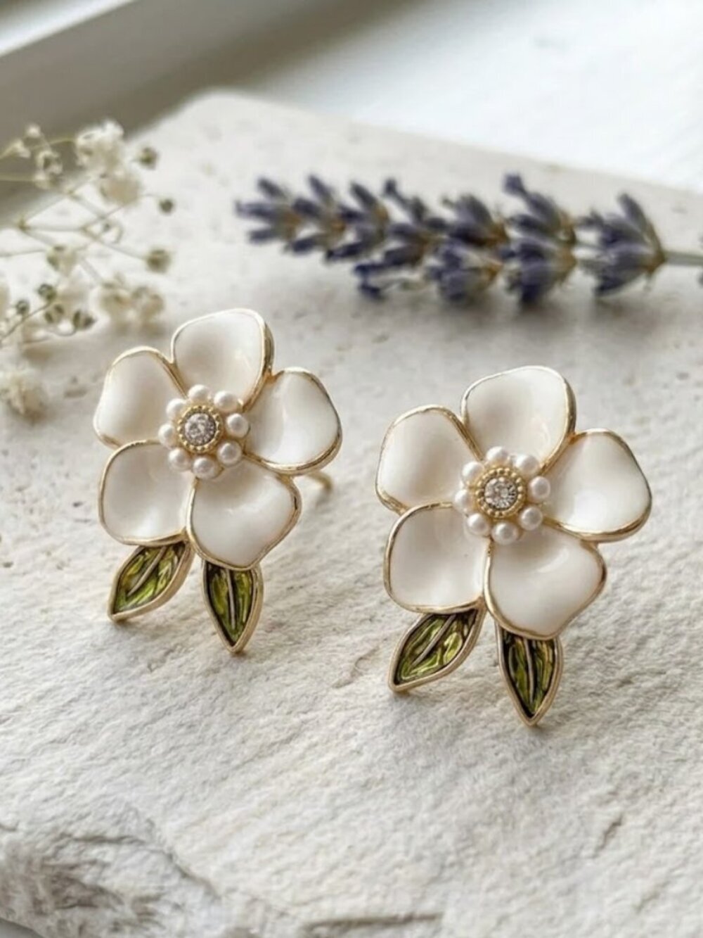 White Enamel Flower Stud Earrings Gold Faux Pearl Rhinestone Green Leaf Bridal